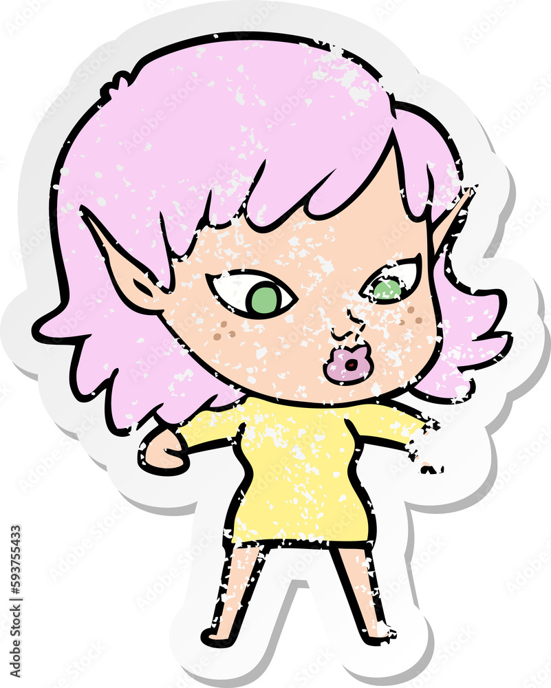 distressed sticker of a pretty cartoon elf girl distressed sticker of a pretty cartoon elf girl