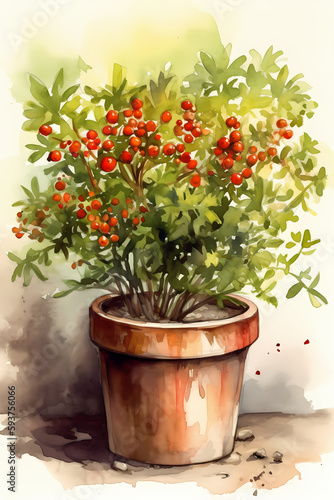 Botanical Watercolor Illustration of Firethorn in Pot. Generative AI