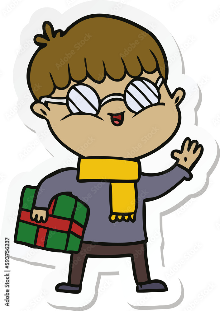 sticker of a cartoon boy wearing spectacles carrying gift