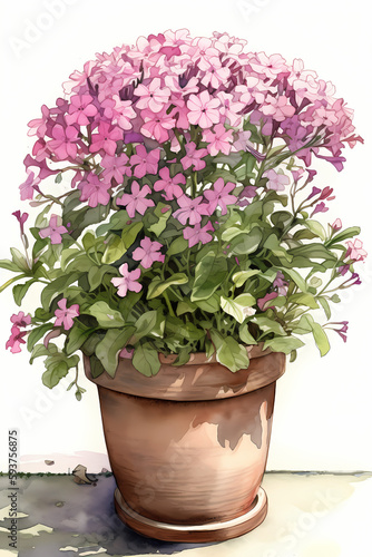 Botanical Watercolor Illustration of Garden Phlox in Pot. Generative AI