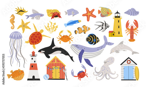 Set of cartoon sea creatures