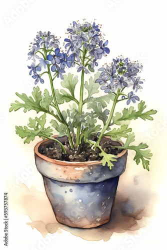 Botanical Watercolor Illustration of Greek Valerian in Pot. Generative AI