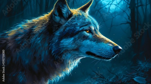 Wolf under the night sky with blue moon. Generative AI.