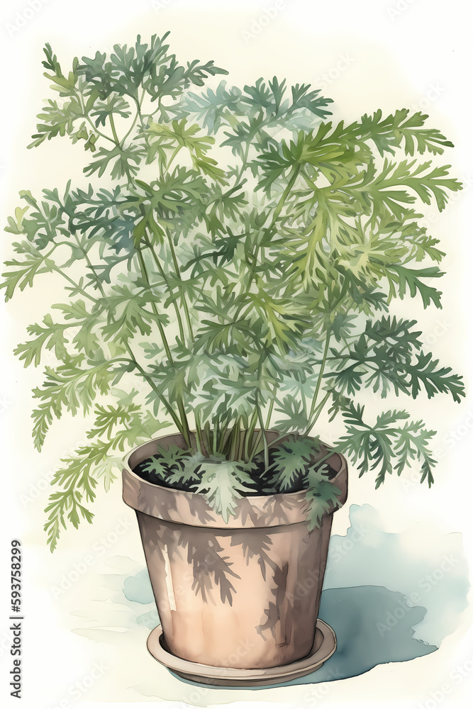 Botanical Watercolor Illustration of Hemlock in Pot. Generative AI