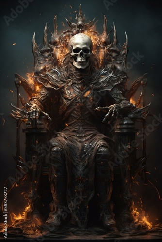 Dark king sitting on his throne, surrounded by bright flames. Generative AI