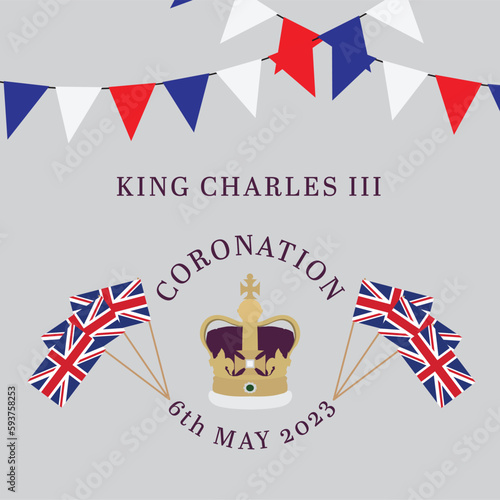 Canvas Print King Charles III Coronation vector illustration with crown and union flags