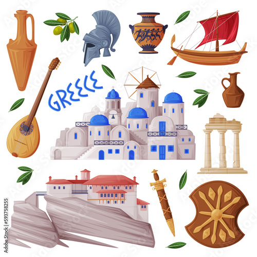 Greece Object and Traditional Cultural Symbol with Monastery of the Holy Trinity, Gladiator Helmet and Santorini City Vector Set
