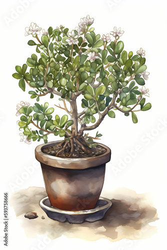 Botanical Watercolor Illustration of Indian Hawthorn in Pot. Generative AI