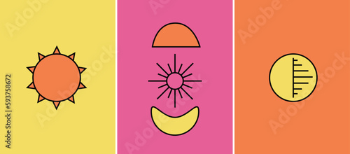 Triptych sun moon stars bright candy colours. Vivid minimalism pop art.