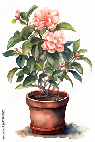 Botanical Watercolor Illustration of Japanese Camellia in Pot. Generative AI