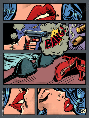 Aesthetics of old American comics. Fatal love. romantic gangster shootout crime thriller