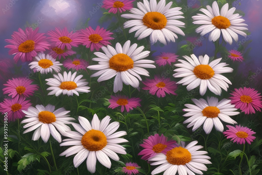 Oil Painting daisies flowers in the garden, photo realistic - generative ai