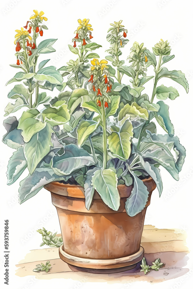Naklejka premium Botanical Watercolor Illustration of Jerusalem Sage in Pot. Generative AI