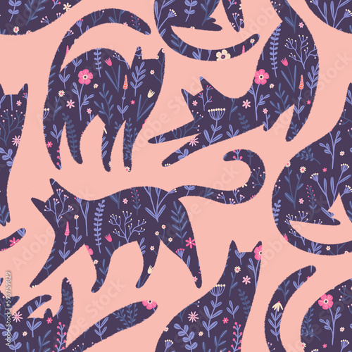 Seamless pattern with cats and flowers in a charming and whimsical design on pink background. Silhouettes of cats. (ID: 593759829)