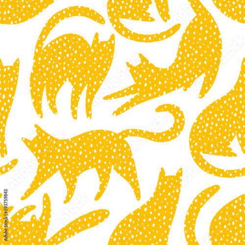 Seamless pattern with yellow cats and dots on white background. Silhouettes of cats. (ID: 593759843)