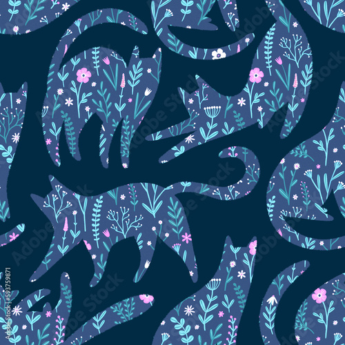 Seamless pattern with cats and flowers in a charming and whimsical design on blue background. Silhouettes of cats. (ID: 593759871)