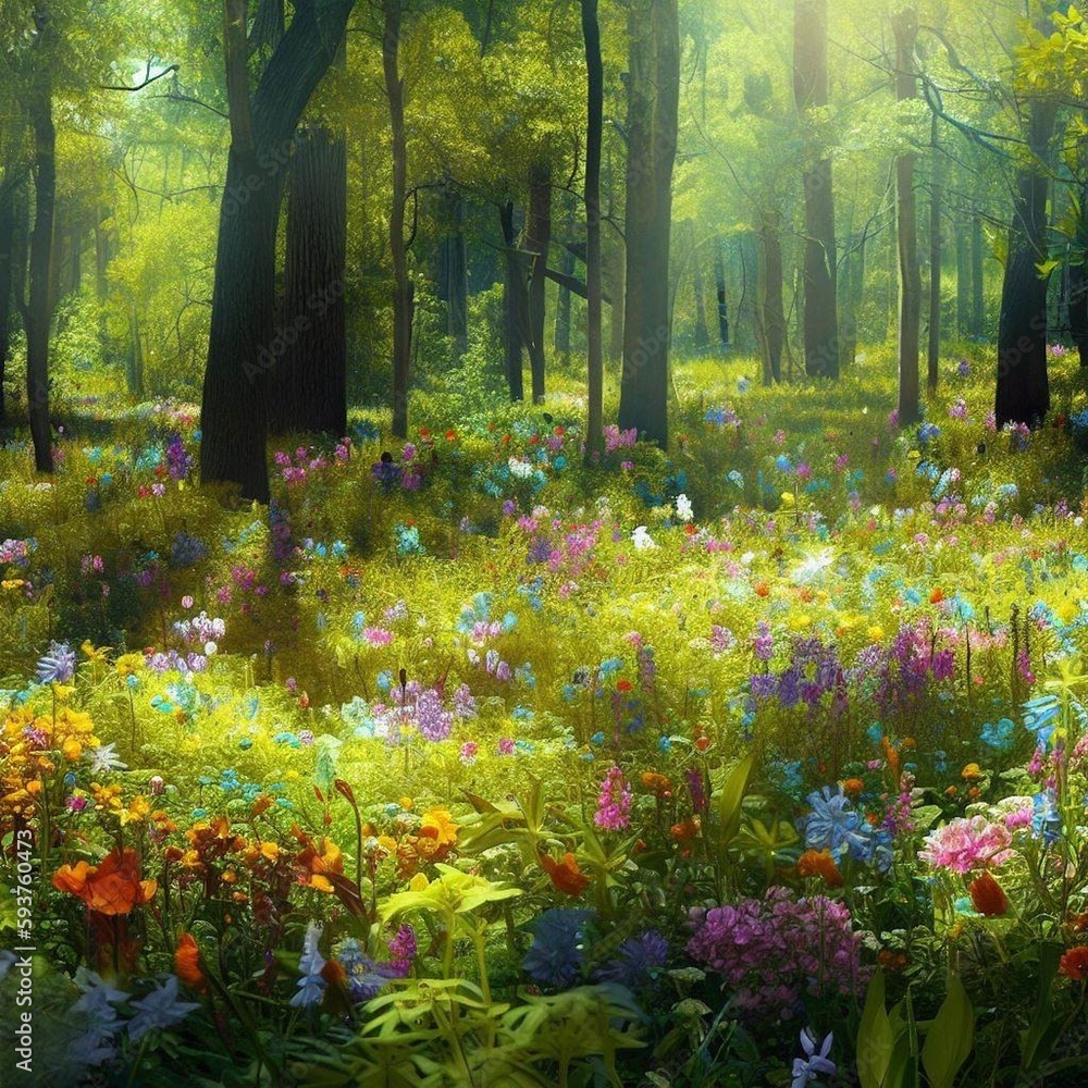Obraz premium Mountain field with lots of colorful spring flowers on a sunny day