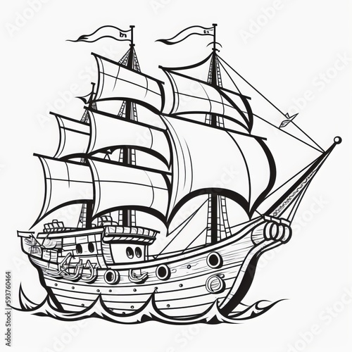 a black and white coloring page drawing of a pirate ship