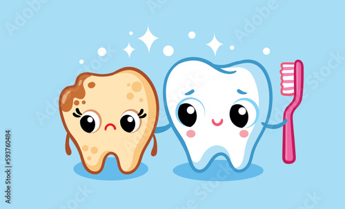 Sick and healthy tooth on a blue background.