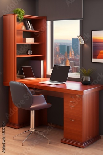 La oficina cuenta con una amplia mesa de color marrón, que brinda un ambiente cálido y elegante. Sobre ella, se pueden observar diversos accesorios como un porta lápices, un organizador de documentos  photo