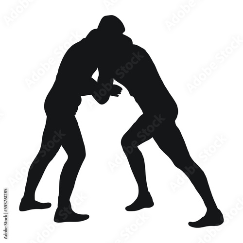 Vector black silhouette of a wrestler athlete in wrestling, duel, fight, struggle, combating. Greco Roman, freestyle wrestling, martial art, sportsmanship.