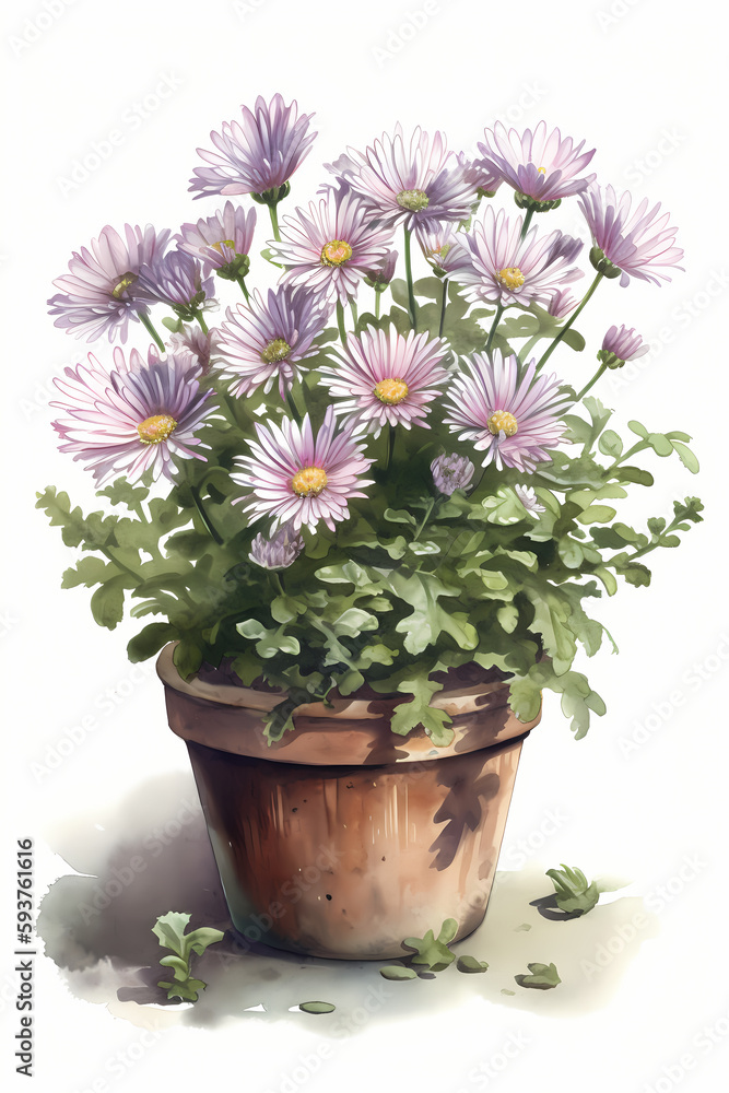 Botanical Watercolor Illustration of Michaelmas Daisy in Pot. Generative AI