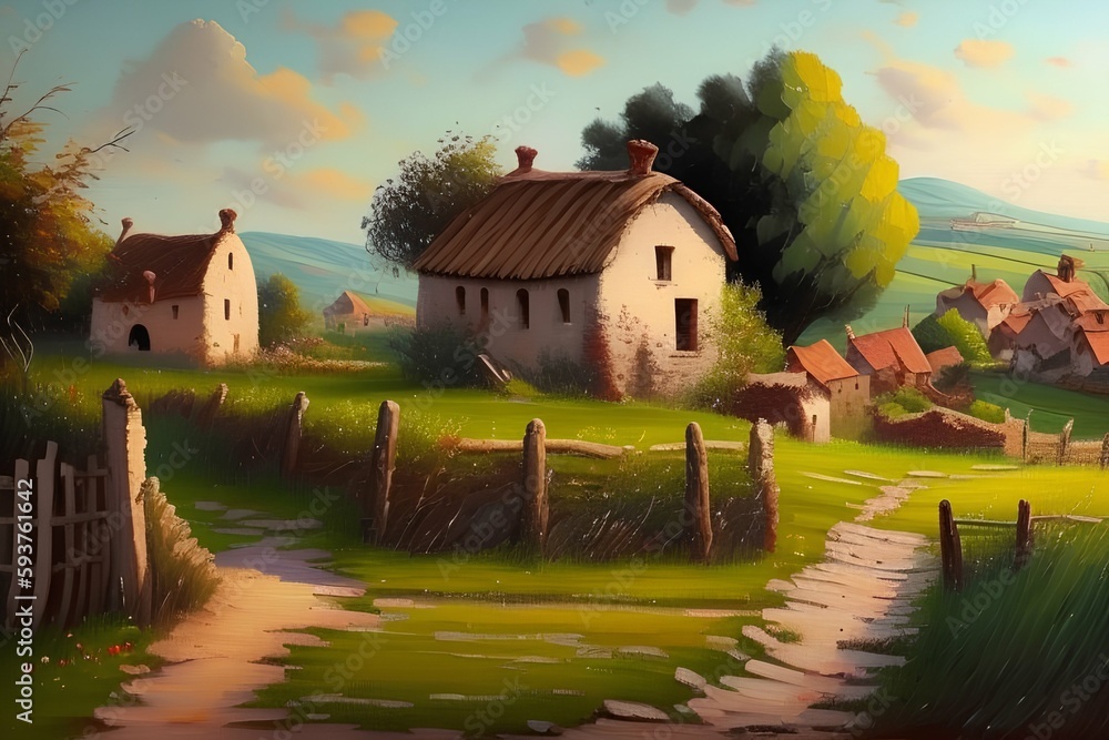 Oil paintings landscape of the countryside, the old village, the landscape in the village - generative ai Oil paintings landscape of the countryside, the old village, the landscape in the village - generative ai