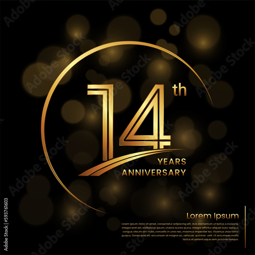 14th Anniversary logo design with double line numbers. Golden anniversary template. Vector Logo Template
