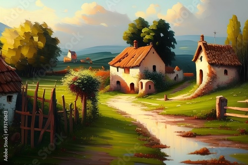 Oil paintings landscape of the countryside, the old village, the landscape in the village - generative ai
