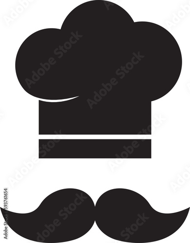 Chef hat, cook icon, kitchen and restaurant symbol, hat and mustache, catering culinry, black silhouette isolated on white background. Food illustration