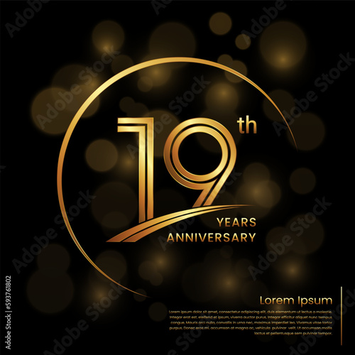 19th Anniversary logo design with double line numbers. Golden anniversary template. Vector Logo Template
