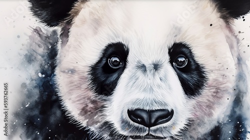 A close-up watercolour portrait of a panda,