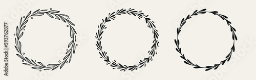 Set of black decorative Circle floral frame. Vector Wreath with branches, herbs, plants, leaves