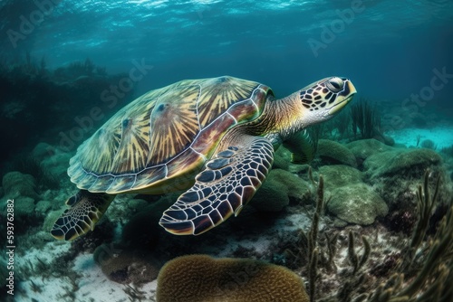 A green turtle swimming over a coral reef created with Generative AI technology