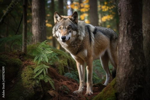 A wolf standing in the middle of a forest created with Generative AI technology
