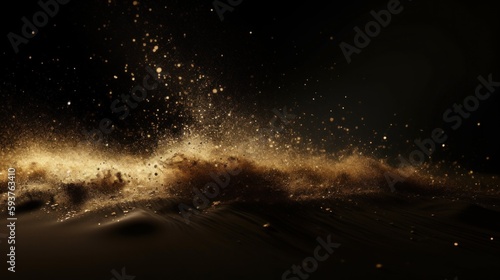 gold dust, black background, striking, dramatic, luxurious, fine particles, shimmer, shine, mesmerizing, contrast, bold, powerful, high-end, jewelry, fashion, luxury branding, glamour, sophistication