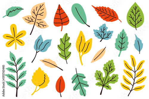 Vector illustration set of cute doodle colored autumn leaves for digital stamp greeting card sticker icon design