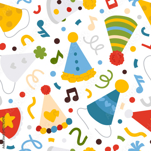 Vector seamless background pattern with cartoon party hats for surface pattern design 