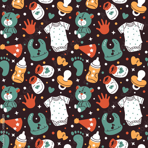 Vector seamless background pattern with cartoon baby goods for surface pattern design 