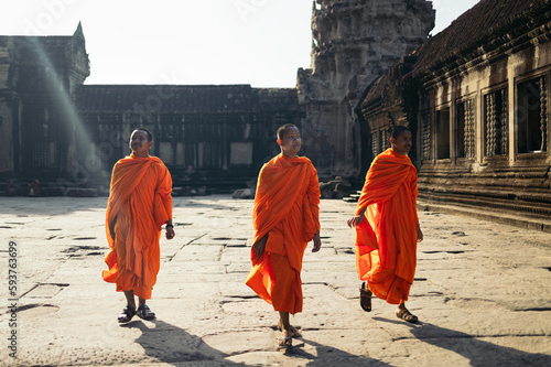 Buddhist monks in Angkor Wat temple photo