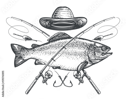 Fishing emblem. Big fish and crossed fishing rods. Vintage sketch vector illustration