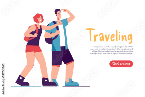 Vector illustration of a couple of tourists travelers with backpacks looking far away