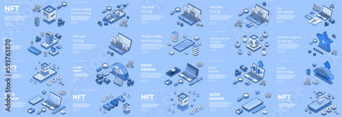 Different isometric scene. Digital 3d device. Nft, credit report, cloud technology, online banking, mobile data, online review, ui ux dedign, we are hiring. Vector illustration concept