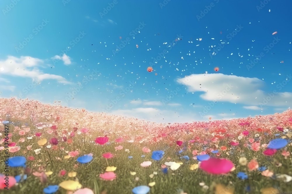 A beautiful field of flowers with flying petals, ai generated.