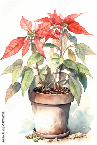 Botanical Watercolor Illustration of Poinsettia in Pot. Generative AI