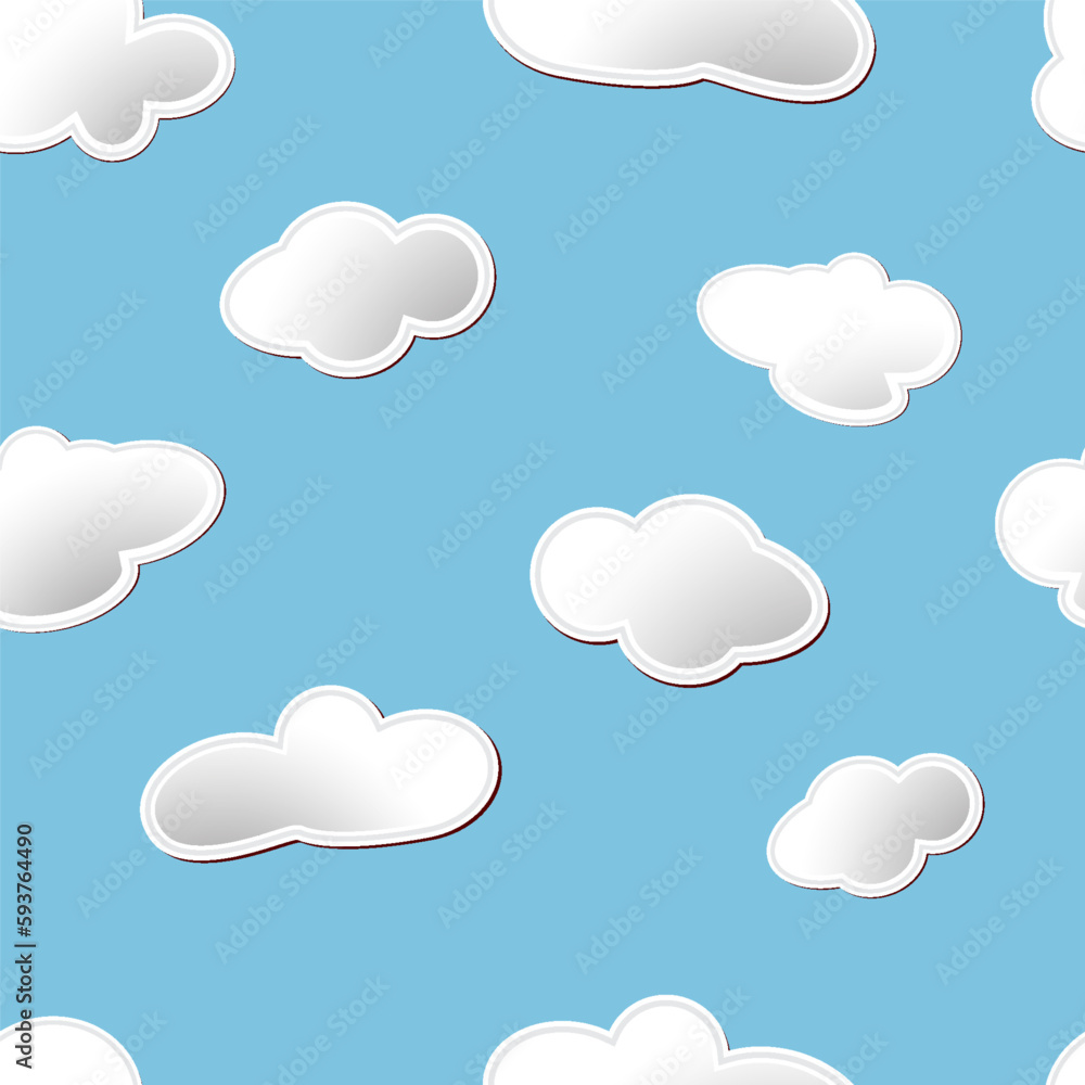 White fluffy cartoon clouds seamless pattern on light blue sky background. Vector EPS 10 illustration for kids fabric or backdrop.