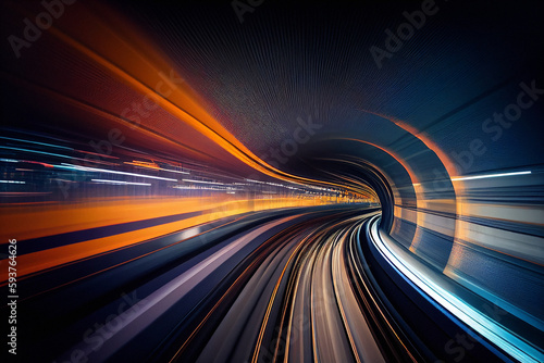 Curving Subway Train Tunnel - Generative Ai photo