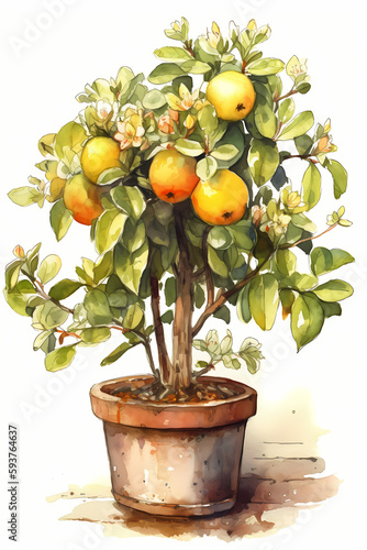 Botanical Watercolor Illustration of Quince in Pot. Generative AI