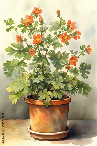 Botanical Watercolor Illustration of Shrubby Cinquefoil in Pot. Generative AI