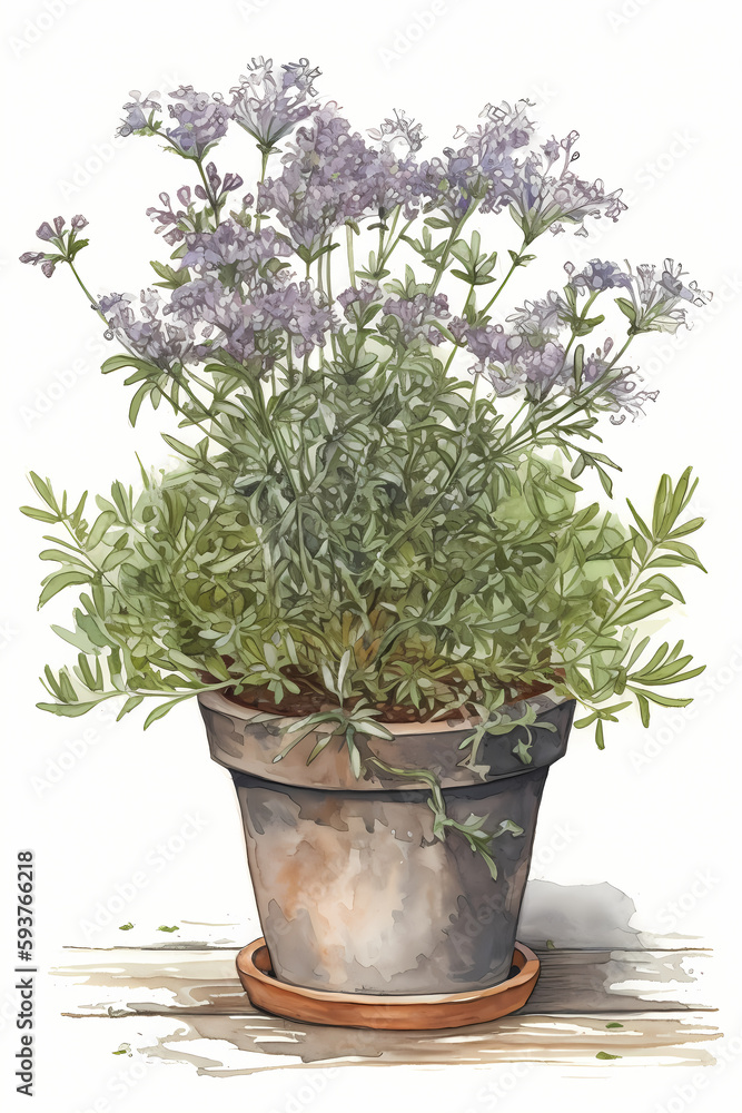 Botanical Watercolor Illustration of Statice in Pot. Generative AI